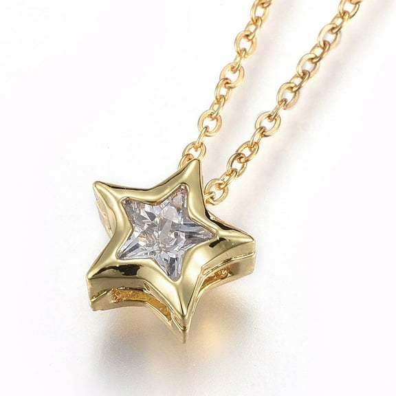 10 pc 304 Stainless Steel Brass Cubic Zirconia Pendant Necklaces Star Clear Golden 17.8 inch(45.5cm) Pendant: 8x8x4mm
