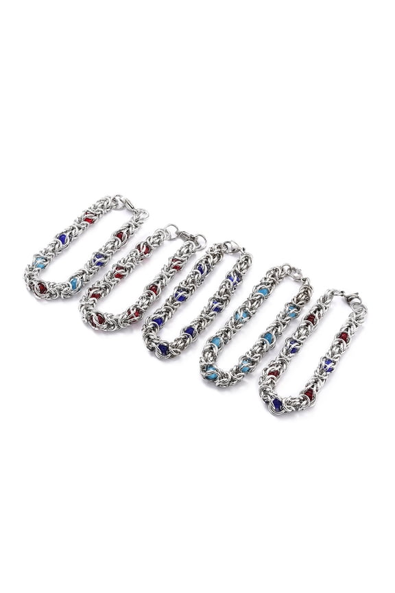 10 pc 304 Stainless Steel Byzantine Chain Bracelet for Girl Women Round Glass Beads Bracelets Chainmaille Weaves Jewelry Mixed color 8-1/4~8-5/8 inch(21~22cm)