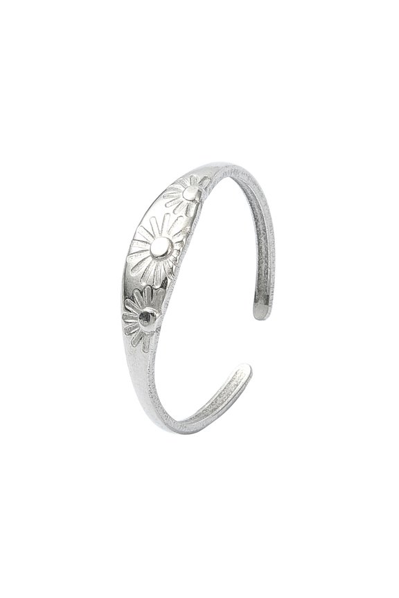 10 pc 304 Stainless Steel Cuff Rings Flower Pattern Stainless Steel color Adjustable 4mm