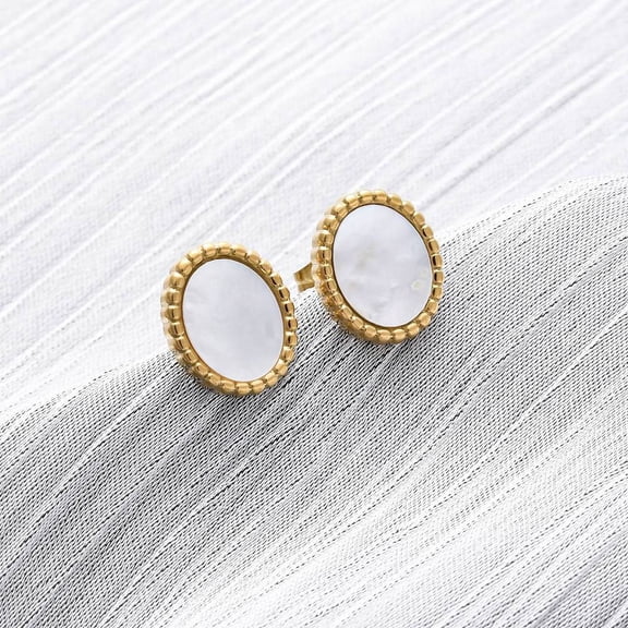 10 pc 304 Stainless Steel Natural White Shell Stud Earrings Oval Ion Plating(IP) Real 18K Gold Plated 12.5x10.5mm