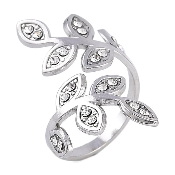 10 pc 304 Stainless Steel Open Cuff Ring for Women with Rhinestone Leaf Stainless Steel color Inner Diameter: 17.5mm