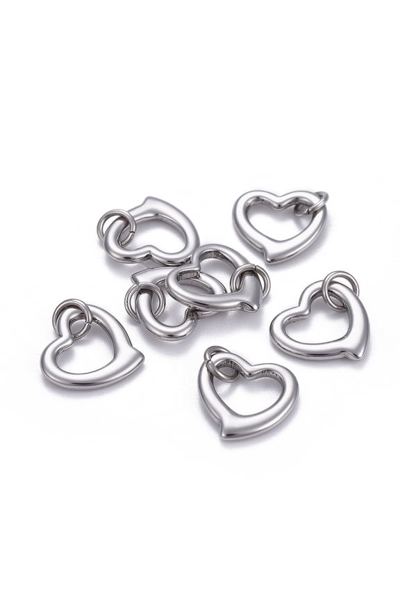 10 pc 304 Stainless Steel Open Heart Charms with Jump Ring Stainless Steel Color 14x14x2mm Hole: 4mm