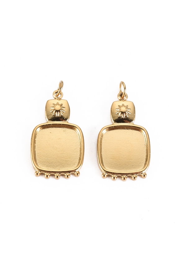 10 pc 304 Stainless Steel Pendant Cabochon Settings Square Real 14K Gold Plated Tray: 10x10mm 21x12x2mm Jump Ring: 3.8x0.5mm