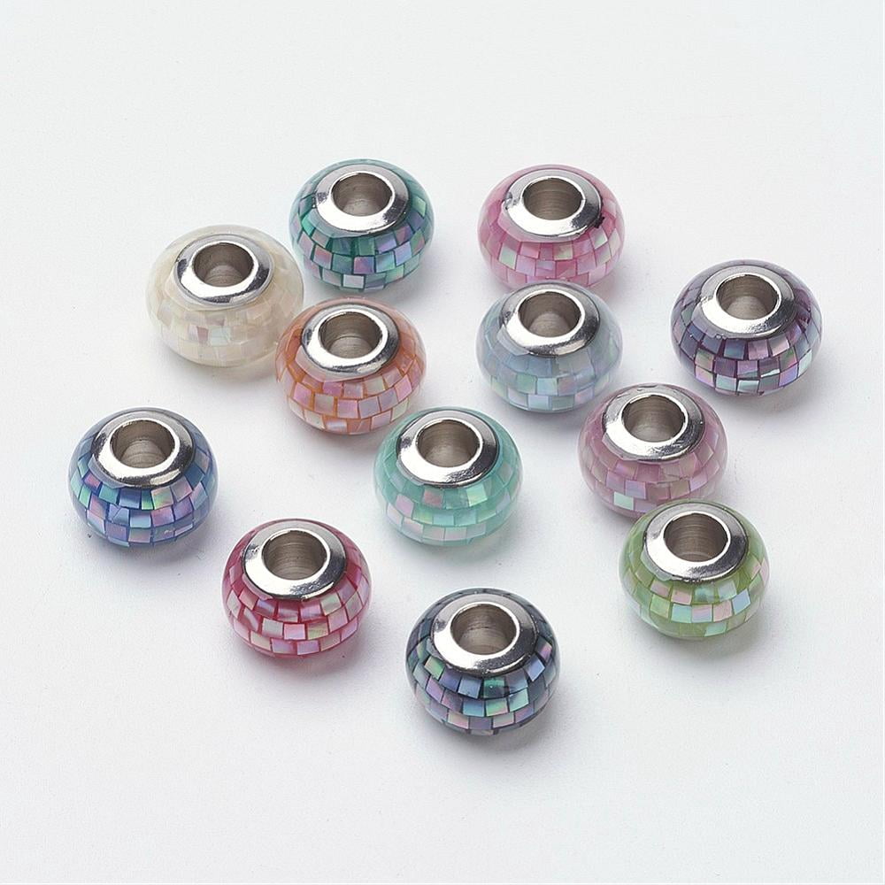 10 pc 304 Stainless Steel Resin European Beads with Shell and Enamel Rondelle Large Hole Beads Mixed color 12x8mm Hole: 5mm Resin
