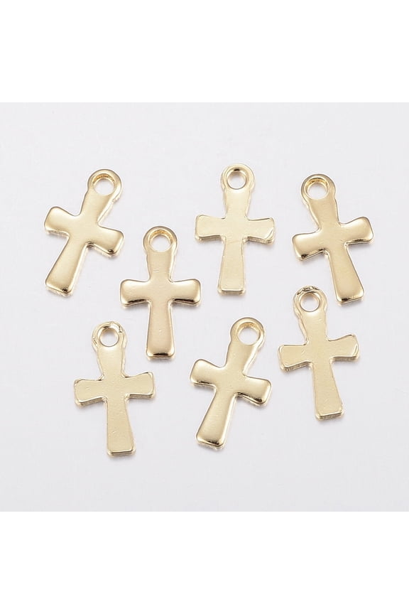 10 pc 304 Stainless Steel Tiny Cross Charms Golden 12x7x1mm Hole: 1.5mm