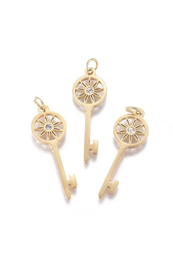 10 pc 316 Surgical Stainless Steel Pendants with Micro Pave Cubic Zirconia and Jump Ring Long-Lasting Plated Skeleton Key Clear Real 18K golden Plated 29x10x2mm Hole: 3.5mm