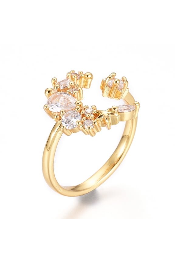 10 pc Adjustable Brass Finger Rings Cuff Rings Open Rings with Micro Pave Clear Cubic Zirconia Long-Lasting Plated Moon & Star Golden Size 8 18mm