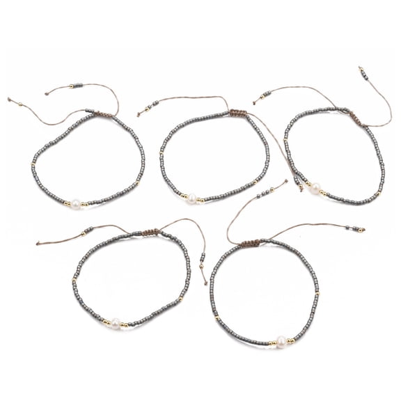 10 pc Adjustable Nylon Cord Bead Bracelets with Japanese Seed Beads and Pearl Gray 2 inch~2-3/4 inch(5~7.1cm)