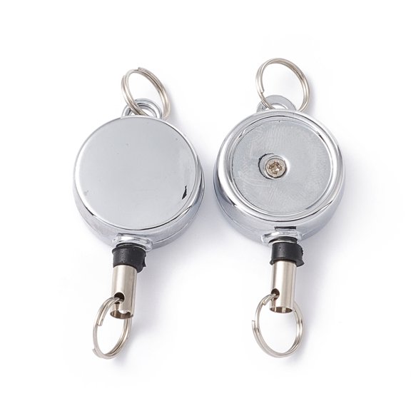 10 pc Alloy Badge Reels Retractable Badge Holder with Split Ring Flat Round Platinum 52~370x21x9.5mm