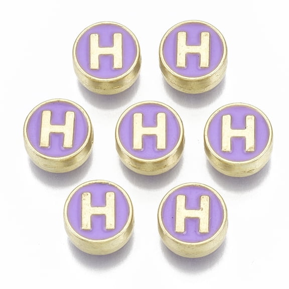 10 pc Alloy Enamel Beads Cadmium Free & Nickel Free & Lead Free Flat Round with Initial Letters Light Gold Letter.H 8x4mm Hole: 1.5mm