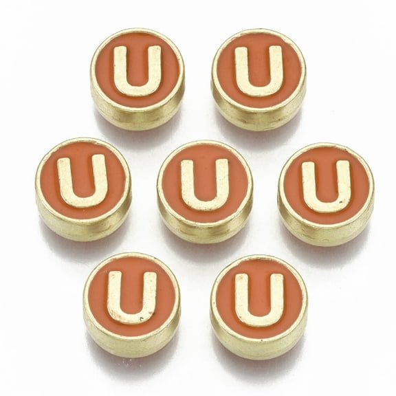 10 pc Alloy Enamel Beads Cadmium Free & Nickel Free & Lead Free Flat Round with Initial Letters Light golden Letter.U 8x4mm Hole: 1.5mm