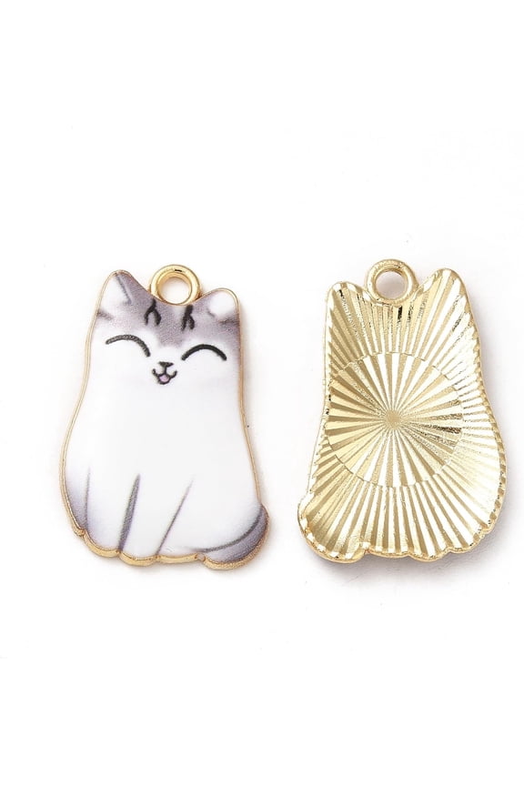 10 pc Alloy Enamel Pendants Cadmium Free Nickel Free Lead Free Golden Cat Charms White 25x16x3mm Hole: 1.8mm