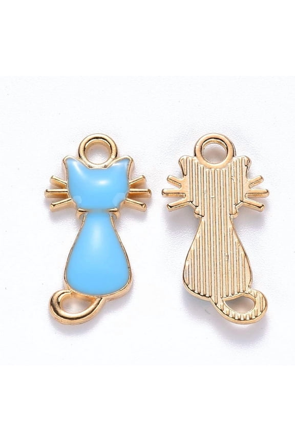 10 pc Alloy Enamel Pendants Cat Shape Light Gold Deep Sky Blue 22x12x2~3mm Hole: 2mm