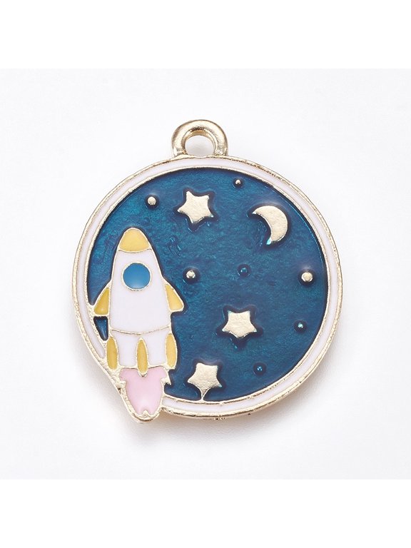 10 pc Alloy Enamel Pendants Flat Round with Rocket Steel Blue Golden 28x24x1mm Hole: 2.5mm