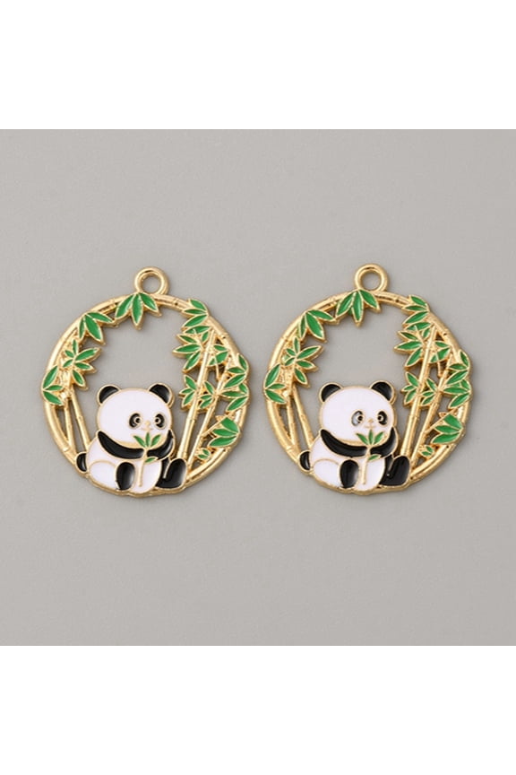 10 pc Alloy Enamel Pendants Panda Bamboo Charm Light Gold Green 28x25x1.5mm Hole: 2mm