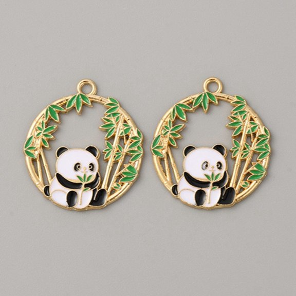 10 pc Alloy Enamel Pendants Panda Bamboo Charm Light golden Green 28x25x1.5mm Hole: 2mm