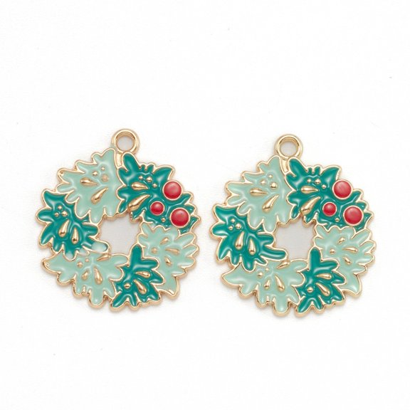 10 pc Alloy Enamel Pendants for Christmas Light golden Garland Turquoise 29x26x2mm Hole: 2mm