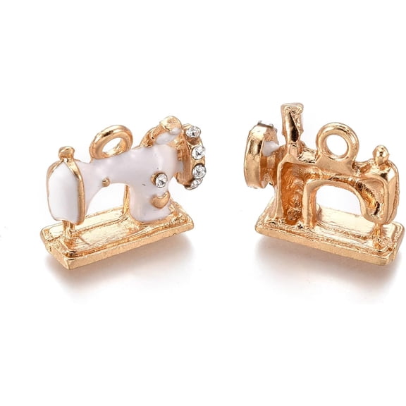 10 pc Alloy Pendants with Enamel and Crystal Rhinestone Sewing Machine Golden White 13.5x16x6mm Hole: 2mm