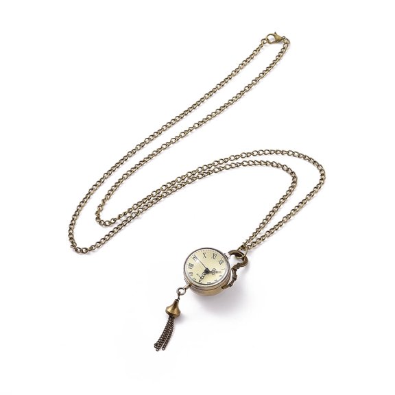 10 pc Alloy Round Pendant Necklace Quartz Pocket Watch with Iron Chains and Lobster Claw Clasps Antique Bronze 31.1 inch Watch Head: 85x29x23mm