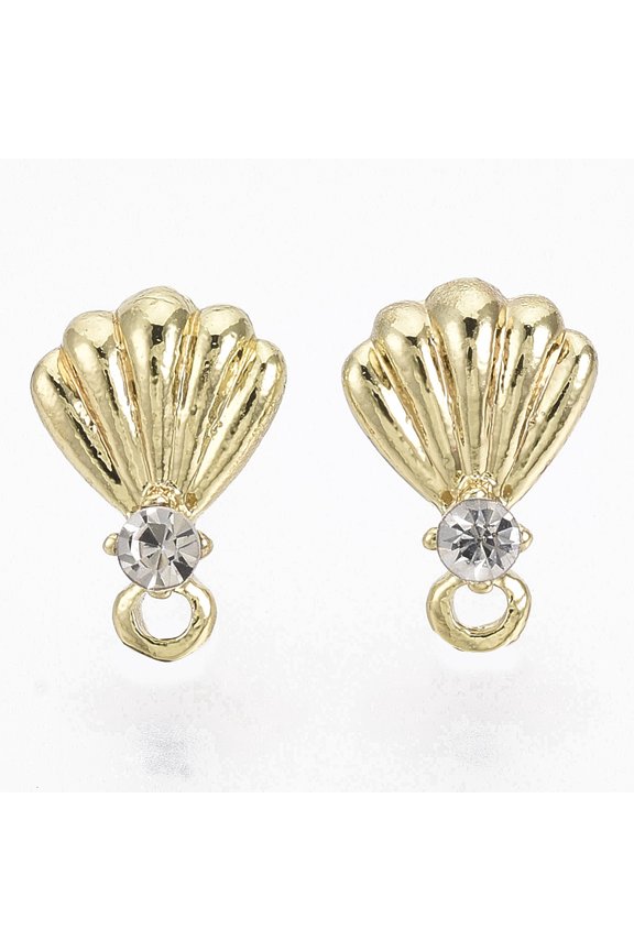 10 pc Alloy Stud Earring Findings with Loop with Rhinestone and Cupronickel Pin Shell Shape Golden 11x7.5mm Hole: 1.4mm Pin: 0.7mm