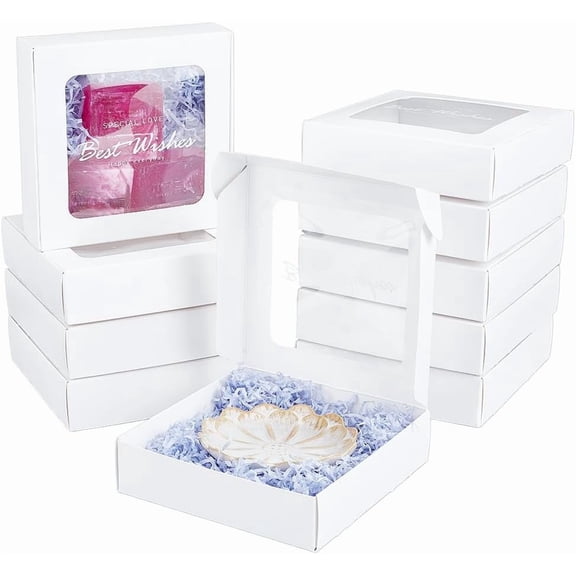 10 pc Best Wishes Paper Packaging Boxes with PVC Visible Window Square White 15.7x16x4.5cm