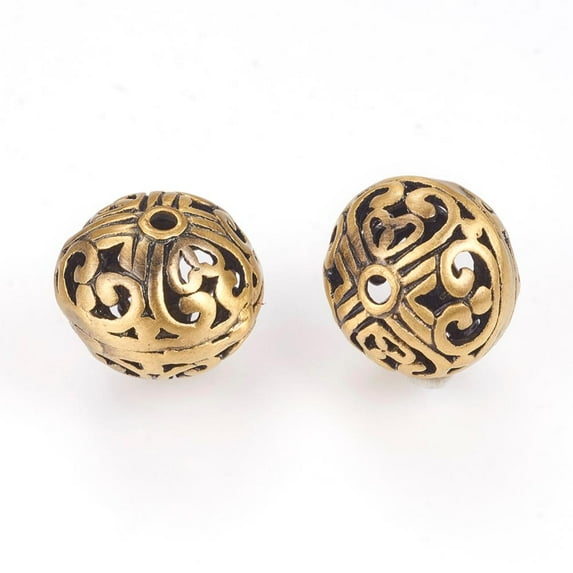 10 pc Brass Beads Hollow Round with Flower Brushed Antique Bronze 12x11mm Hole: 1.5mm