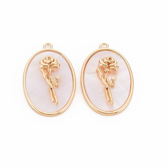 10 pc Brass Birth Floral Pendants Oval with Flower Mother of Pearl White Shell Charms Nickel Free Real 18K golden Plated June Rose 27x18x4mm Hole: 1.8mm