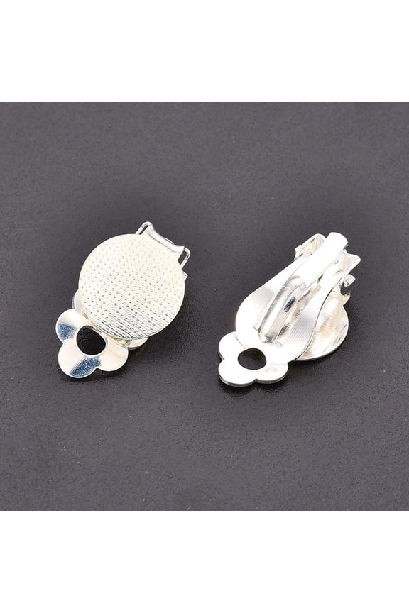 10 pc Brass Blank Base Clip-on Earring Cabochon Settings with Round Flat Pad for Non-Pierced Ears Silver Color Plated Flat Round Tray: 12mm 17x12mm Hole: 1.5mm