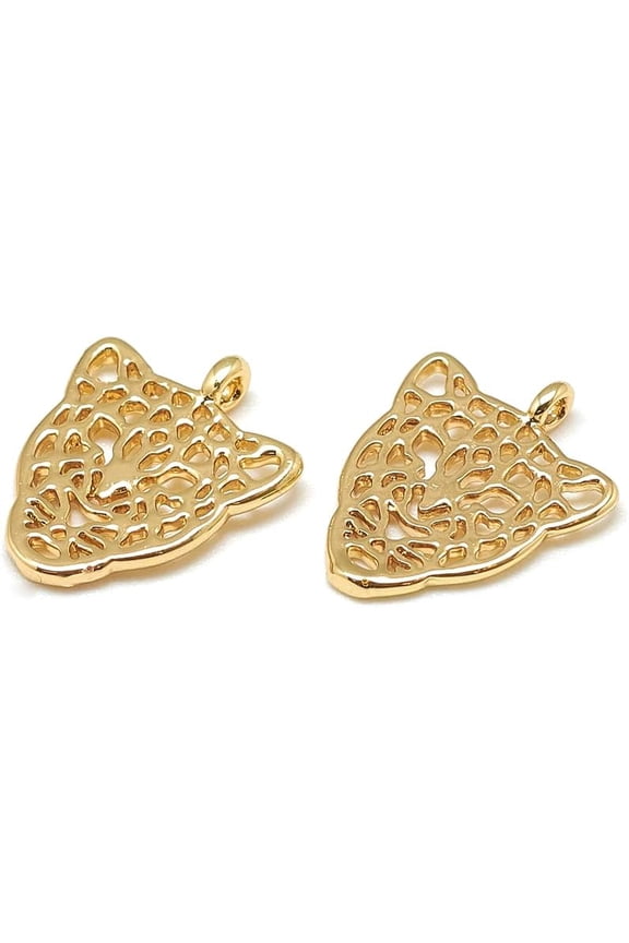 10 pc Brass Charms Leopard Head Real 18K golden Plated 14.5x12x1mm Hole: 1mm