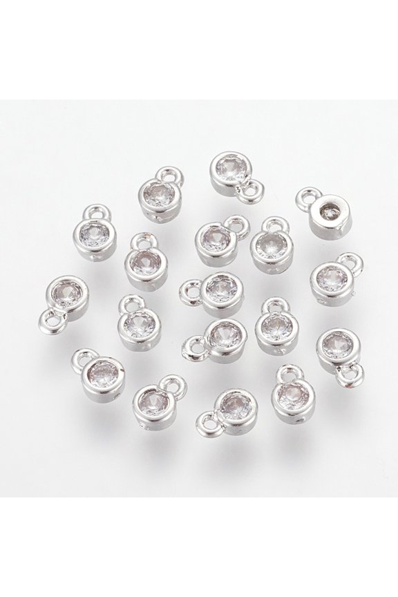10 pc Brass Cubic Zirconia Charms Flat Round Platinum 6x4x2mm Hole: 1mm