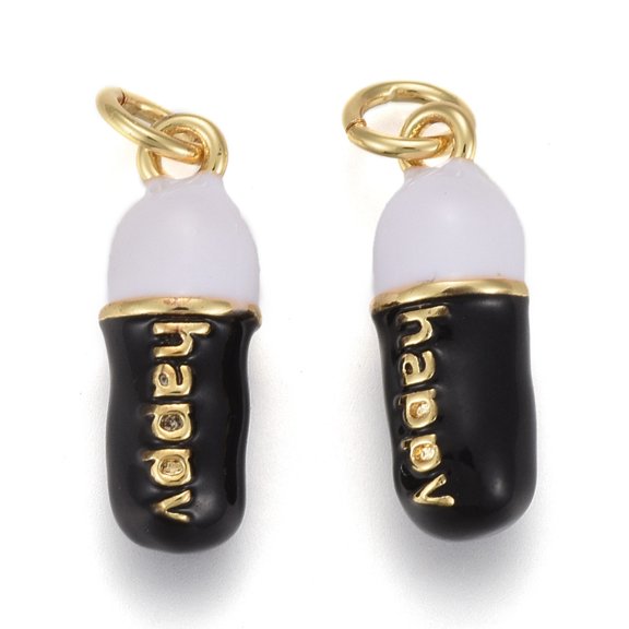 10 pc Brass Enamel Pendants with Jump Rings Long-Lasting Plated Pill Bar Shape with Word Happy Black Real 18K golden Plated 17x6mm Hole: 3mm