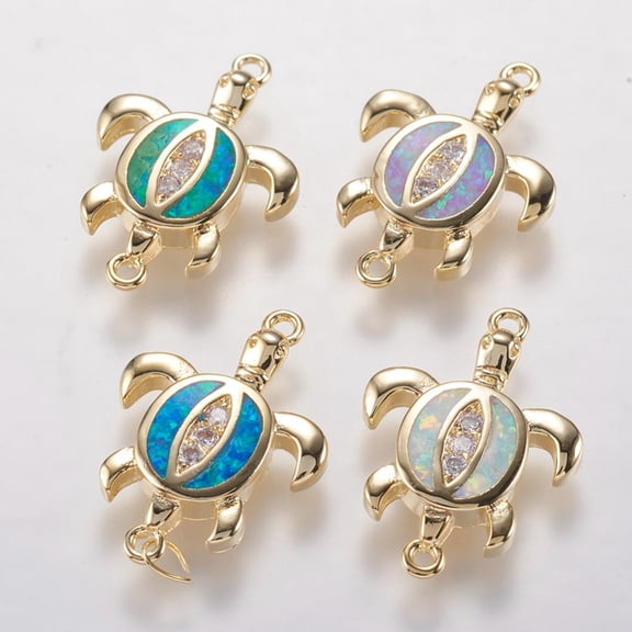 10 pc Brass Links connectors with Opal and Cubic Zirconia Sea Turtle Golden Mixed Color 19.5x13.5x2.5mm Hole: 1mm