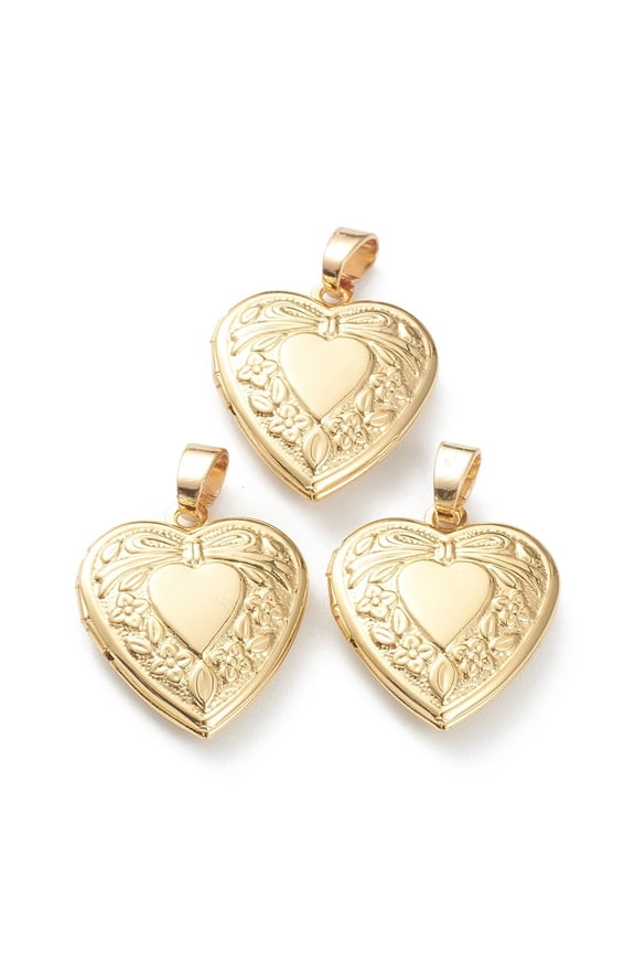 10 pc Brass Locket Pendants Photo Frame Pendants for Necklaces Long-Lasting Plated Heart with Bowknot Real 18K Gold Plated 22.5x19.5x5.5mm Hole: 4x3mm 13.5x11mm Inner Diameter