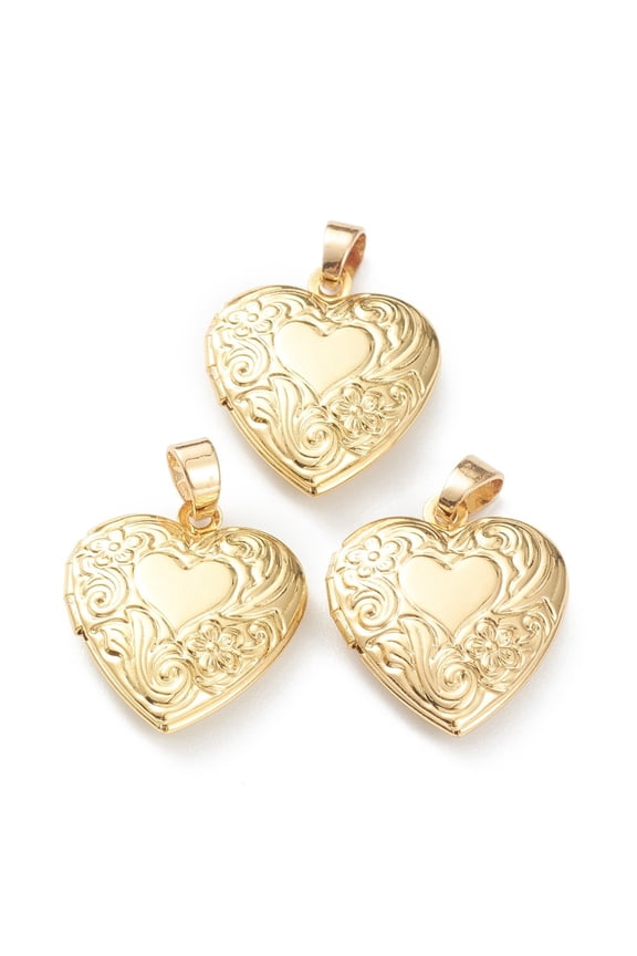10 pc Brass Locket Pendants Photo Frame Pendants for Necklaces Long-Lasting Plated Heart with Flower Real 18K golden Plated 22.5x19.5x6mm Hole: 4x3mm 13.5x11mm Inner Diameter