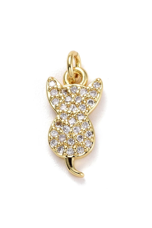 10 pc Brass Micro Pave Clear Cubic Zirconia Charms Long-Lasting Plated Lead Free & Cadmium Free Cat Real 18K Gold Plated 14x7x2mm Hole: 2mm