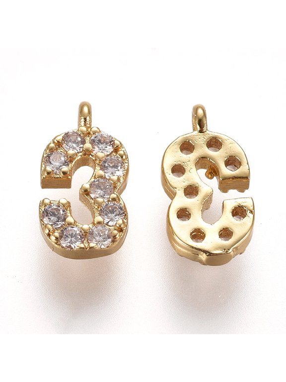 10 pc Brass Micro Pave Clear Cubic Zirconia Charms Number Golden Num.3 9.5~10x4~6.5x2mm Hole: 0.8mmDIY