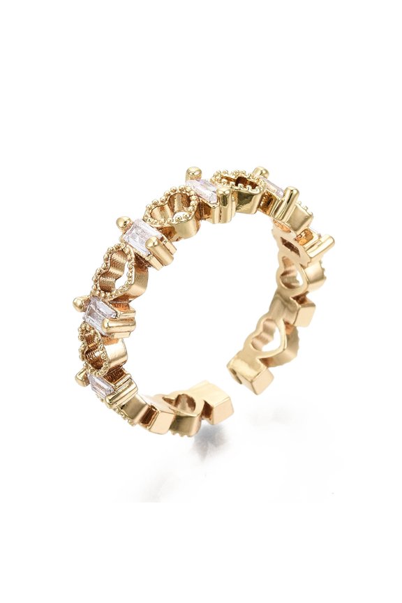 10 pc Brass Micro Pave Clear Cubic Zirconia Cuff Rings Open Rings Nickel Free Heart Real 16K golden Plated Inner Diameter: 17mm