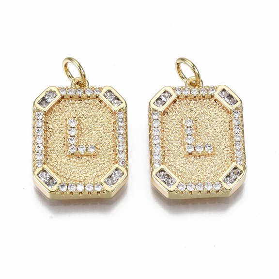 10 pc Brass Micro Pave Clear Cubic Zirconia Pendants Nickel Free Real 18K golden Plated Rounded Rectangle with Word Letter.L 19x14x2.5mm Jump Ring: 5x0.7mm 3mm inner diameter