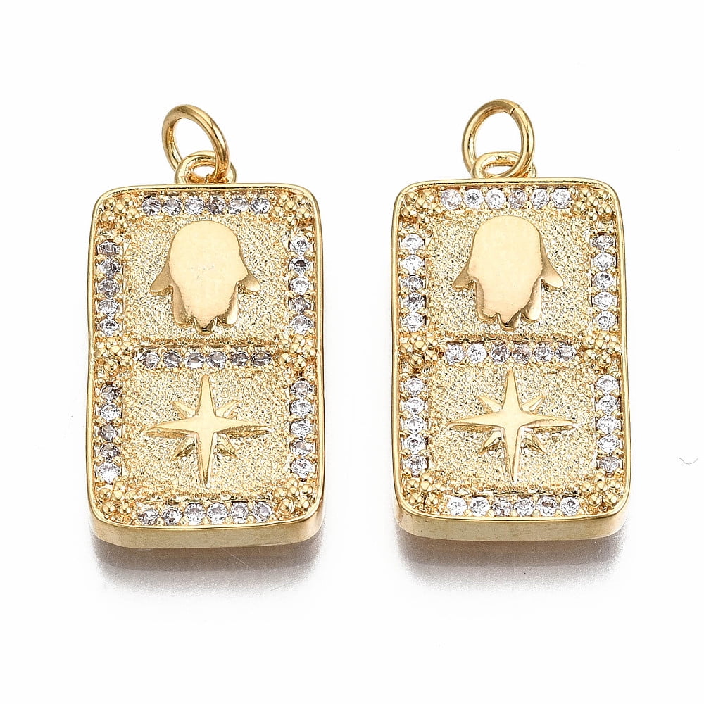 10 pc Brass Micro Pave Clear Cubic Zirconia Pendants Nickel Free Rectangle with Star & Hamsa Hand Real 18K Gold Plated 25x23x3mm Jump Ring: