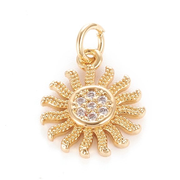 10 pc Brass Micro Pave Clear Cubic Zirconia Pendants with Jump Ring Sun Real 18K golden Plated 15x12.7x2mm Hole: 3mm
