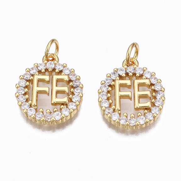 10 pc Brass Micro Pave Clear Cubic Zirconia Pendants with Jump Rings Nickel Free Ring with Word FE Real 16K golden Plated 16x13x3mm Hole: 3mm