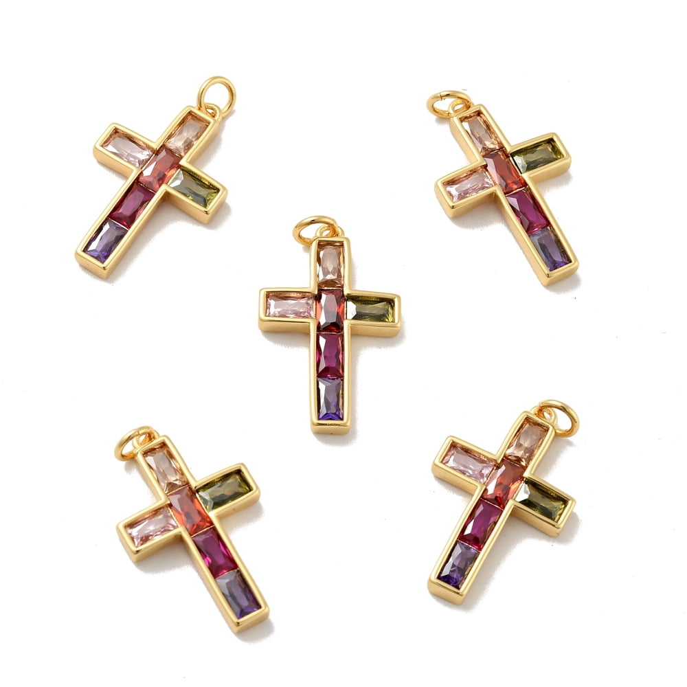 10 pc Brass Micro Pave Colorful Cubic Zirconia Pendants with Jump Rings Cadmium Free & Nickel Free & Lead Free 24.5x15x3mm Hole: 3.4mm