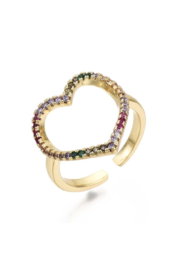 10 pc Brass Micro Pave Cubic Zirconia Cuff Rings Open Heart Rings Nickel Free Colorful Real 16K golden Plated Inner Diameter: 17mm