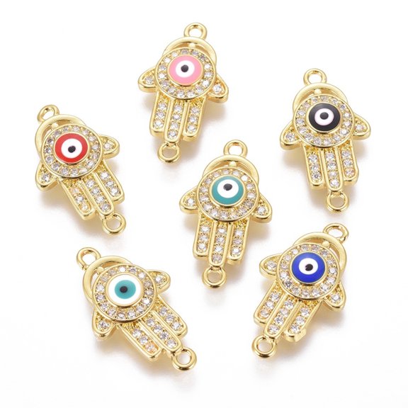 10 pc Brass Micro Pave Cubic Zirconia Links with Enamel Hamsa Hand/Hand of Fatima/Hand of Miriam Golden Mixed color 22x12.5x3mm Hole: 1.2mm