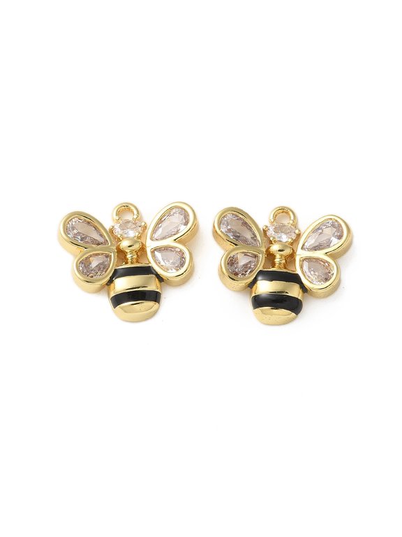 10 pc Brass Micro Pave Cubic Zirconia Pendants Bees Charms Long-Lasting Plated Real 18K Gold Plated 13x14.5x3mm Hole: 1.2mm