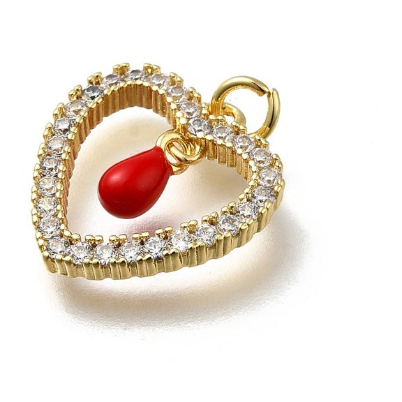 10 pc Brass Micro Pave Cubic Zirconia Pendants with Enamel Heart Charms Cadmium Free Lead Free Rack Plating Long-Lasting Plated Real 18K golden Plated with Jump Ring Red 17x15.5x2.7mm Hole: 2.8mm