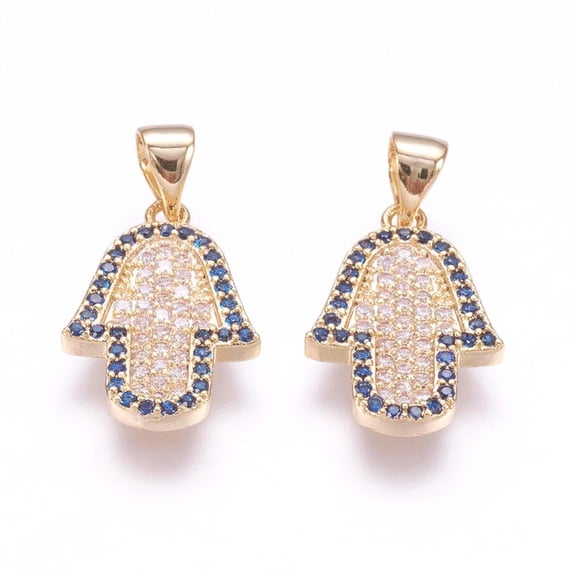 10 pc Brass Micro Pave Cubic Zirconia Pendants Hamsa Hand/Hand of Fatima/Hand of Miriam Real 18K golden Plated 17.5x12x2mm Hole: 3.5x5mm