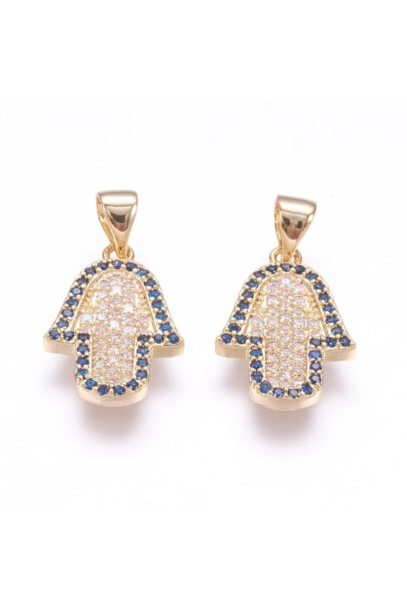 10 pc Brass Micro Pave Cubic Zirconia Pendants Hamsa Hand/Hand of Fatima/Hand of Miriam Real 18K golden Plated 17.5x12x2mm Hole: 3.5x5mm
