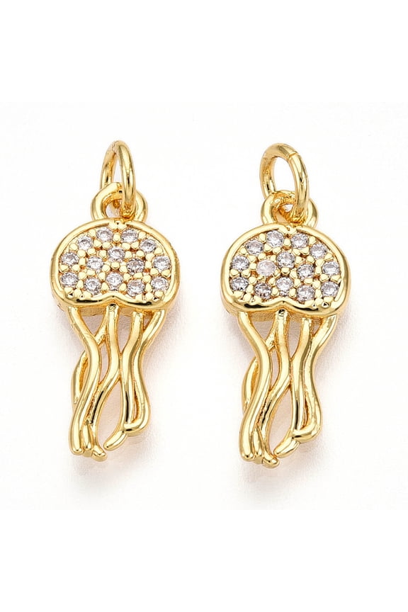 10 pc Brass Micro Pave Cubic Zirconia Pendants Jellyfish Charms with Jump Ring Real 18K golden Plated 18x8x2.5mm Hole: 3mm