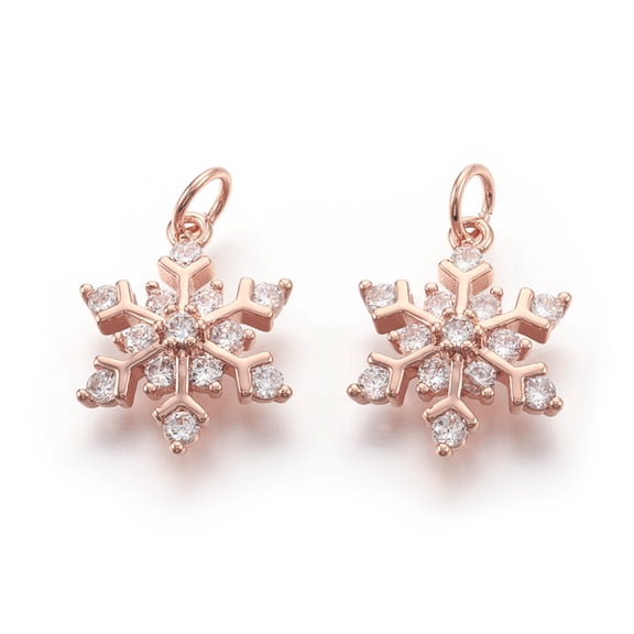 10 pc Brass Micro Pave Cubic Zirconia Pendants Lead Free Cadmium Free Nickel Free Snowflake Real Rose golden Plated 13x17x4mm Hole: 3mm